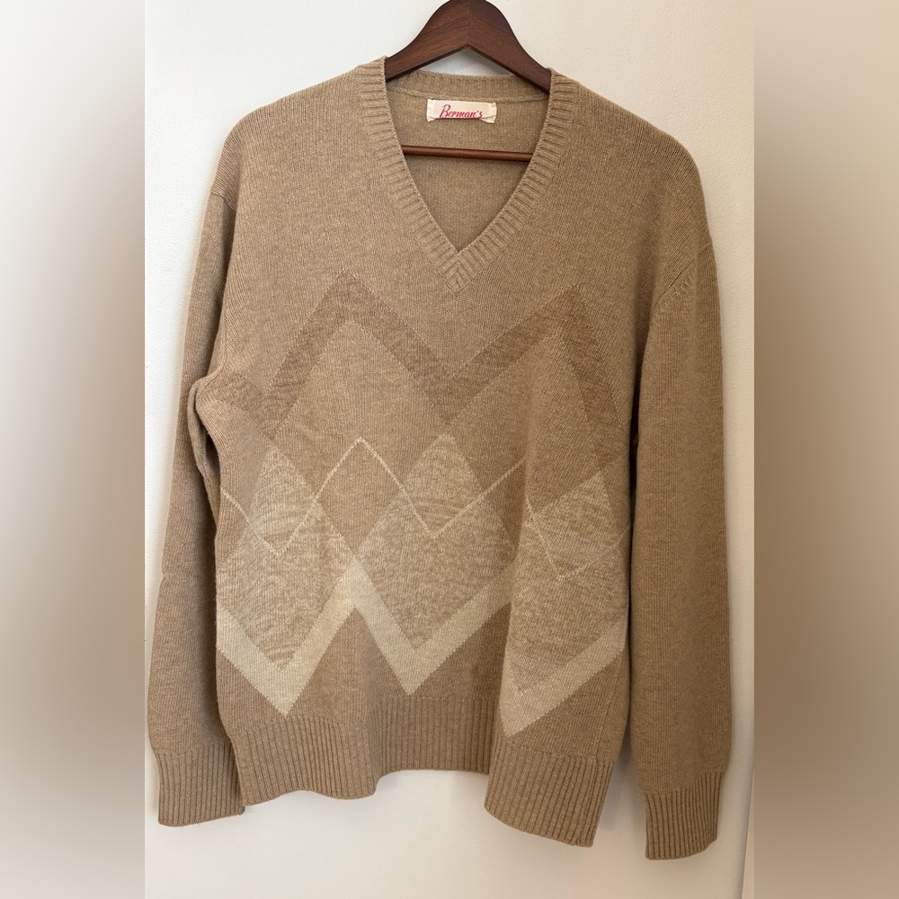 Italian Berman’s Vintage Classic Tan V-Neck Sweater for Men 100% Lana/Wool